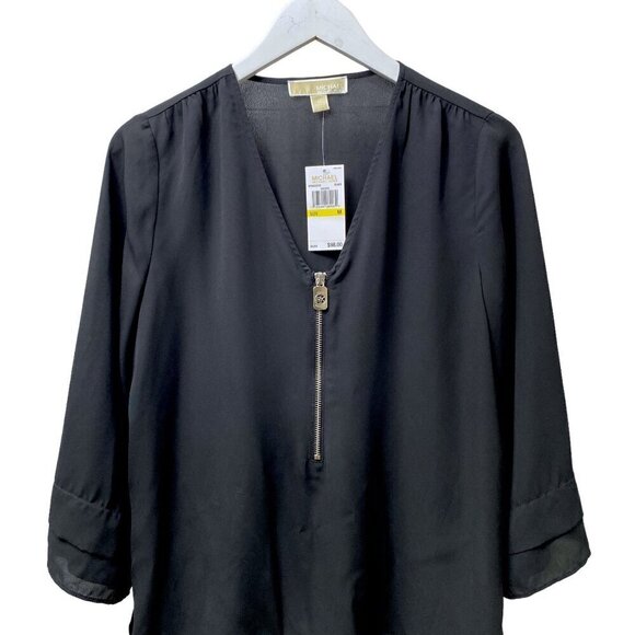 MICHAEL Michael Kors Womens Top Medium Black Blouse Logo Zip 3/4 Sleeve NWT - Picture 5 of 11